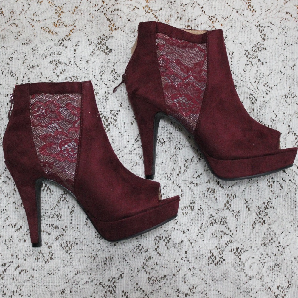 Red Lace Panel Peep Toe Platform Heel Ankle Boot